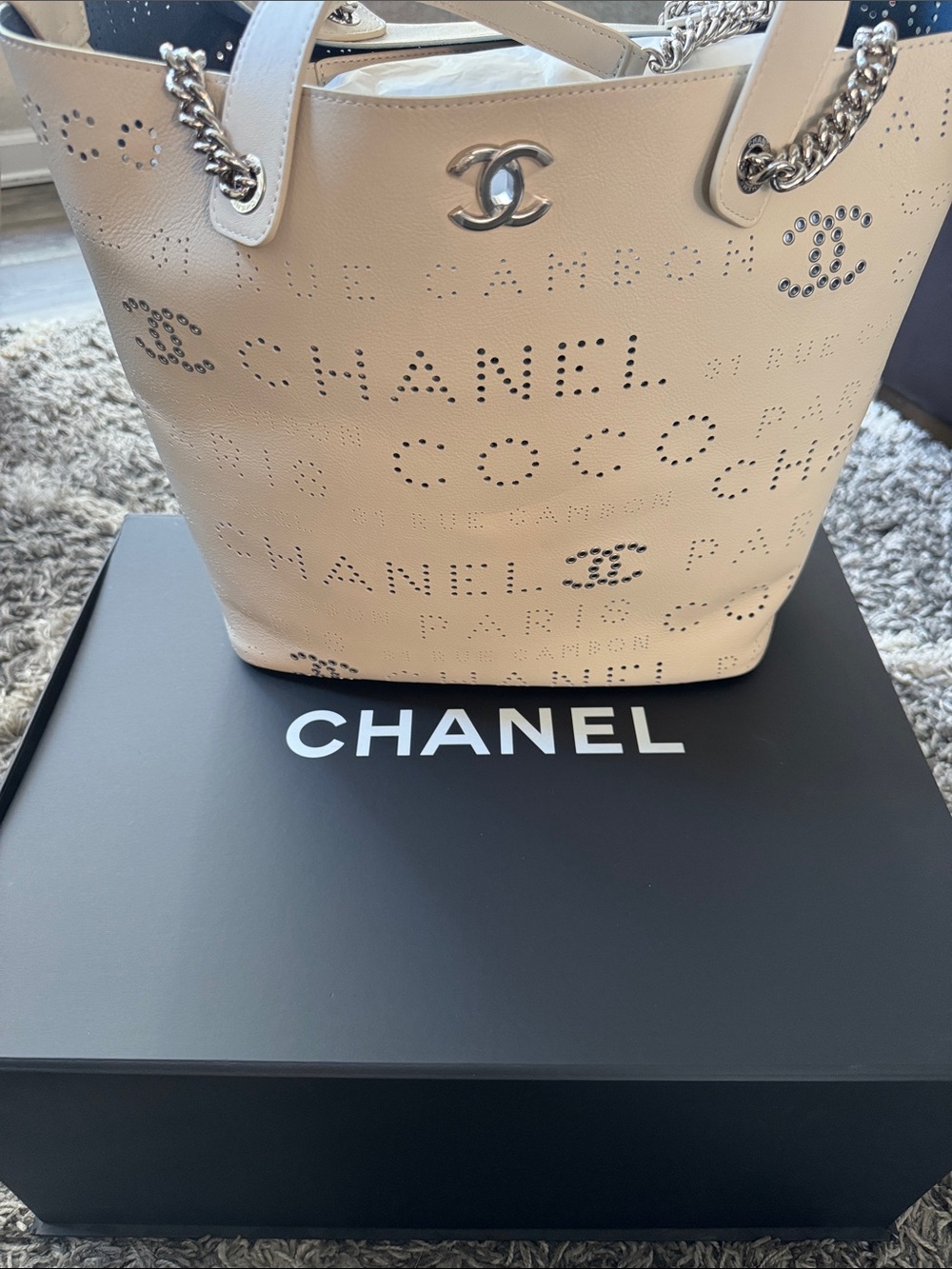NWT CHANEL 2019 Beige Calfskin Perforated Logo Tote with Silver-Tone Hardware - Picture 17 of 17